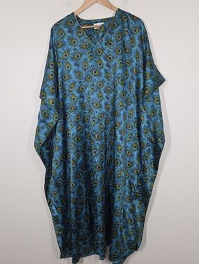 Vtg 90s Y2K Rene Rofe Peacock Feather Satin Kaftan Caftan Dress Boho Festival OS